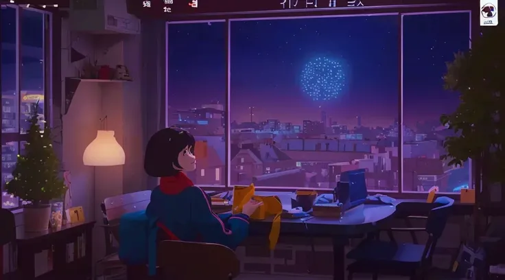 there is a cartoon picture of a woman sitting at a table, lofi artstyle, lofi art, animated film still, animated film, lofi hip hop, lofi, lofi girl, in style of atey ghailan, lofi feel, inspired by Atey Ghailan, screenshot from the anime film, lofi colors