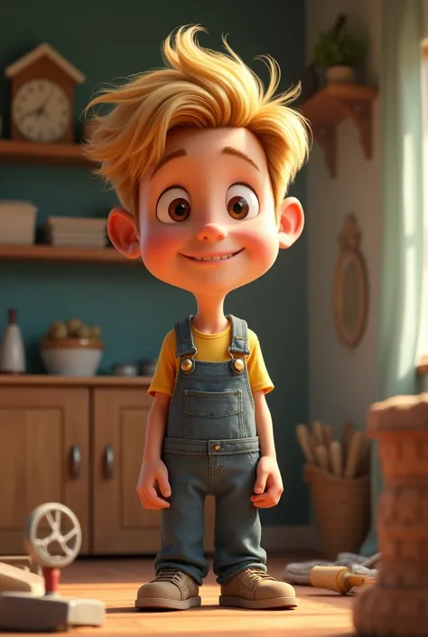 Hd. 3d. Whimsical. Pixar-style. Cartoonstyle. Hyperdetailed. Create a render of a sweet man with blond hair. He is very sweet to his woman. Hij is goed in klussen.