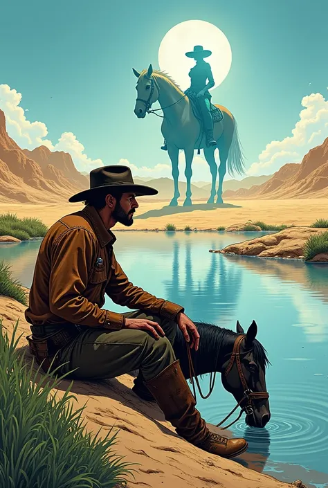 Hyperrealistic comic: a cowboy sitting on the riverbank, the horse drinks water from the river, the desert in the background, the image of a cowgirl woman in the sky