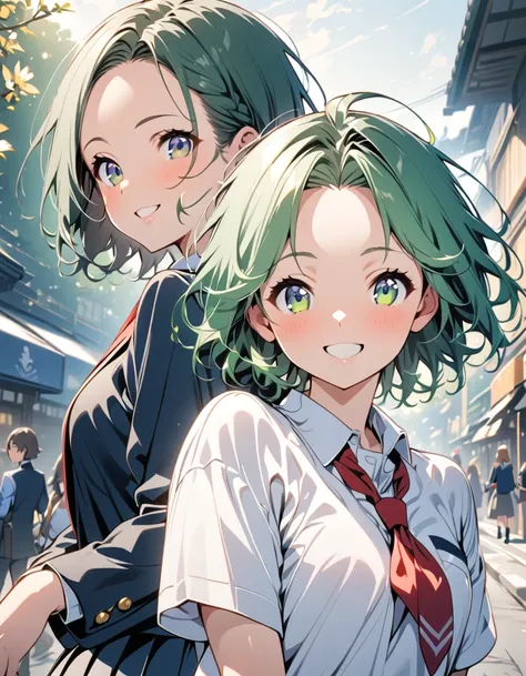 One Girl、Emerald green hair、Japanese、Short Hair、Showing his forehead、future、Student Uniform、A big smile、、delicate、Slender、beautiful girl