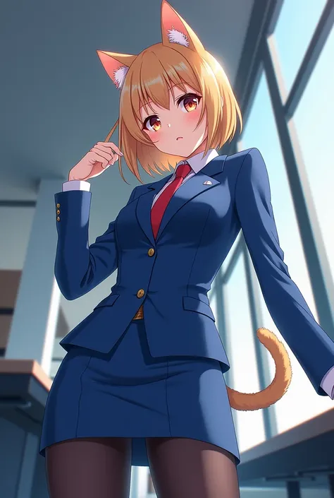 Please draw a cat girl OL in an anime style, wearing a blue suit, tight skirt and black stockings, full body。Please use the office as the background。Please draw it from a bottom angle.。