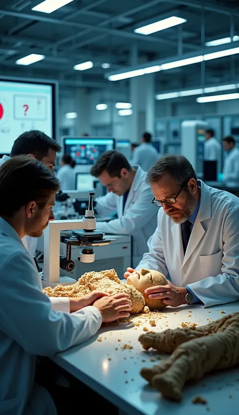 "In a brightly lit lab, a group of skeptical scientists analyze the mummified bodies using modern technology like microscopes and scanners. On a nearby screen, scientific data points and red question marks suggest doubt and debate over the authenticity of ...