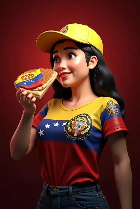 a real person wearing a tricolor shirt of the Venezuelan flag, holding an arepa, "Authentic Arepa" brand name and "The Flavor of My Country" slogan in perfect 3D and PSD, Venezuelan national coat of arms on the left background, white background