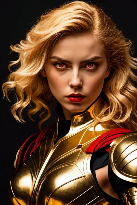 caravaggio painting; high contrast; red rising book series; virginia au augustus; beautiful woman, gold hair; shining gold eyes; fighting pose; gold futuristic armor with red details; futuristic godess warrior;