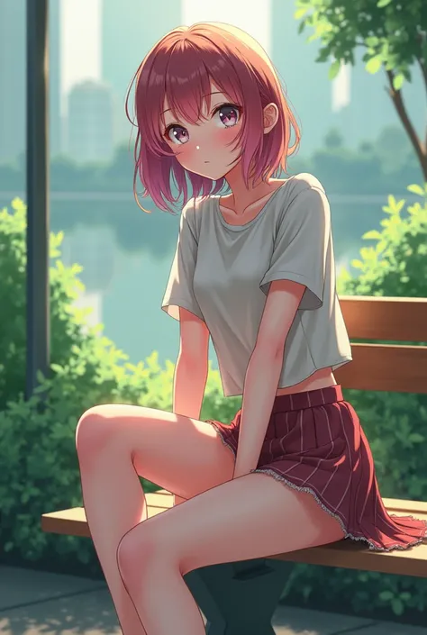 Adult Anime girl wearing mini skirt sitting on bench