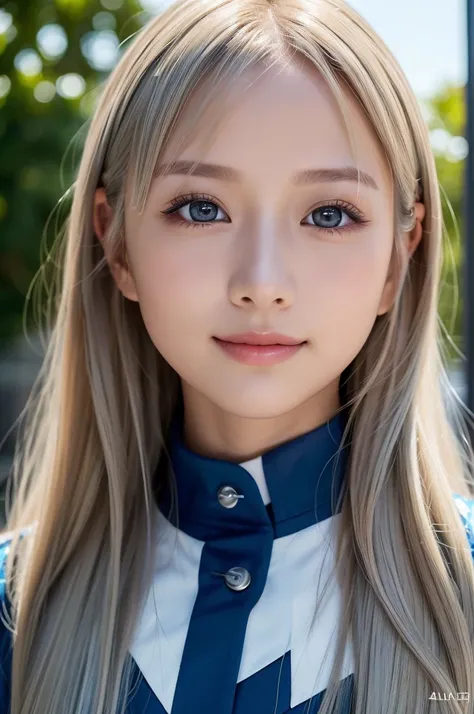 a beautiful 20yearsold young woman with long, shining platinum blonde hair that reflects the light, wearing a (Hinatazaka46 uniform:1.5), with a bright and (beautiful smile:1.0), flawless and glowing skin, large clear blue eyes, and bangs across her forehe...