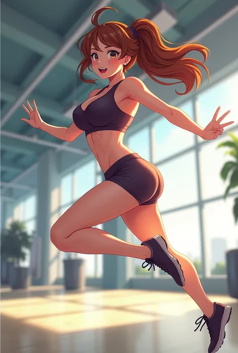 Beautiful anime woman with big boobs jumping in the gym, in a short top
