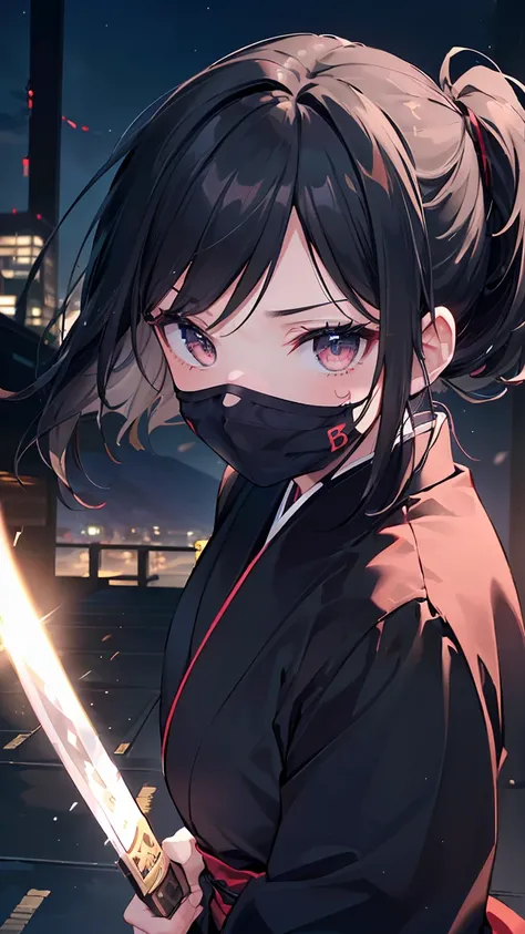 (((Best quality, 8k, Masterpiece: 1.3)), ((best quality)), ((masterpiece)), (detailed), perfect face, black hair, side ponytail, mouth veil, (ninja), female ninja, grim expression, holding a Japanese sword, running in the dark night, ninja costume