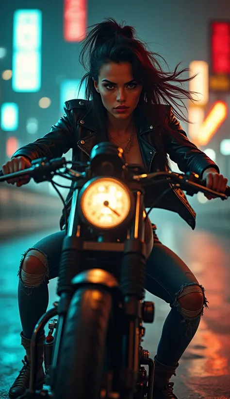 a punk girl with a bad appearance, explosively racing, real, holding a chain, detailed eyes, detailed lips, long eyelashes, ripped jeans, leather jacket, motorcycle, grungy, industrial setting, neon lights, vibrant colors, high contrast, cinematic lighting...