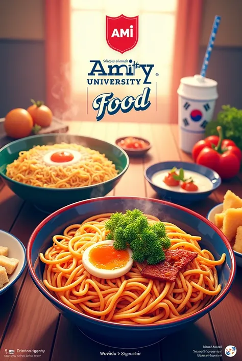 Create a poster of an food event done by amity university gwalior and an outlets name is ami korea which is providing food of korea dishes show only ramen and one drink and one another korea famous dish and give the name of amity university also