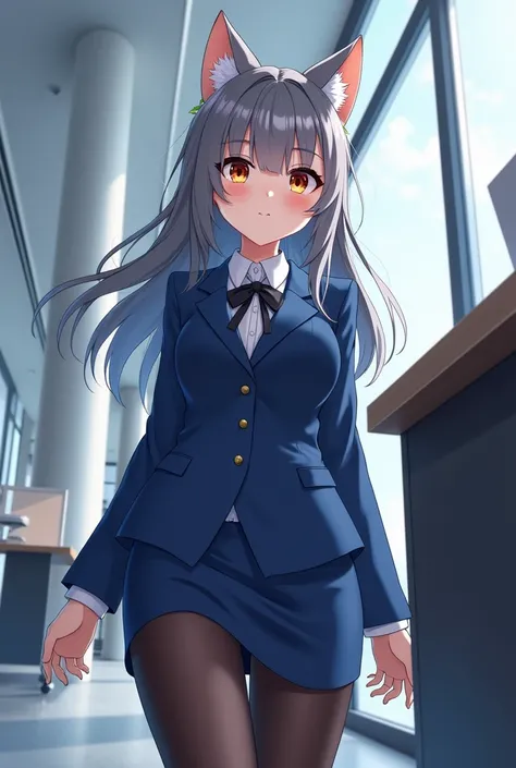 Please draw a cat girl OL in an anime style, wearing a blue suit, tight skirt and black stockings, full body。Please use the office as the background。Please draw it from a bottom angle.。