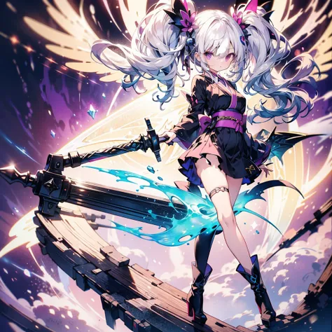 Perfect Anatomy、Black and magenta palette、Small breasts、Face in focus、(masterpiece、Best Quality)、(Slender:1.2)、(Thinning hair)、Very detailed、Anime Style、whole body、Single、Goth Kimono、Fairy Wings、Magical Girl、Magic giant wand、White hair and brown skin、High ...