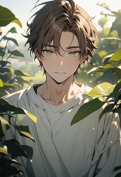 male, solo, handsome, brown hair, beautiful eyes, green eyes, parted bang, ahoge hair, white shirt,  front face, high detail, beautiful eyes, macro picture, calm face