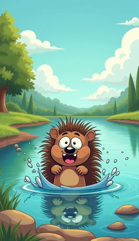 Cartoon style A porcupine drowning at the edge of a lake 