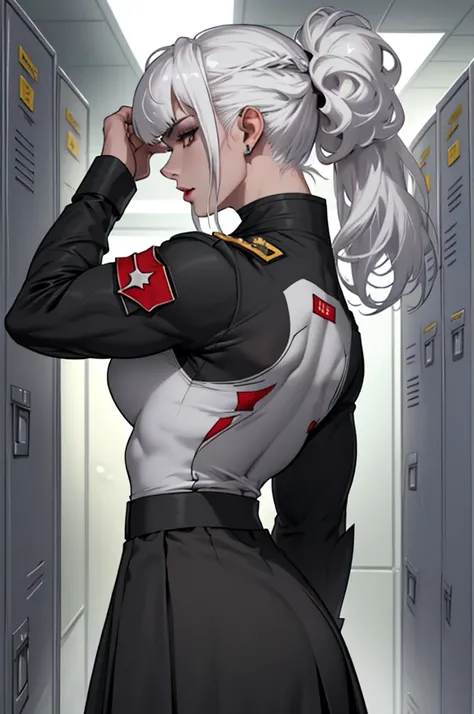 (Muscular woman), (pale skin) half white hair, half black hair, bangs, hair tied up, dark eyes, dark make up (detailed eyes), (detailed lips), military uniform, long skirt, uniform, Military uniform, futuristic uniform, sci fi, solo (best quality) locker r...