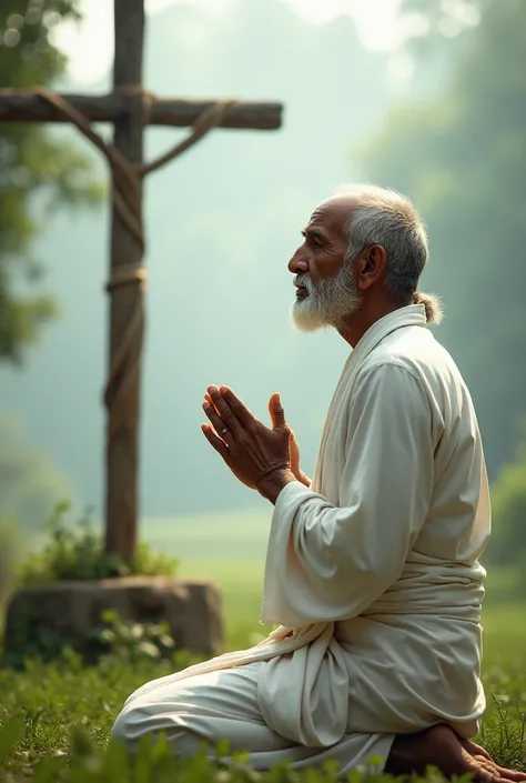 An Indian man  wearing white cloths kowtow and praying in front of Jesus cross 