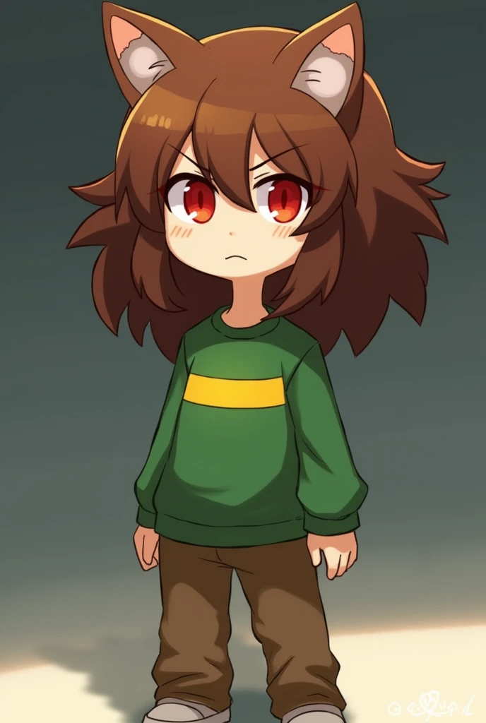 Chara from Undertale, Red eyes, Brown hair, And wear Green shirt with a single horizontal yellow stripe, brown pant and shoes