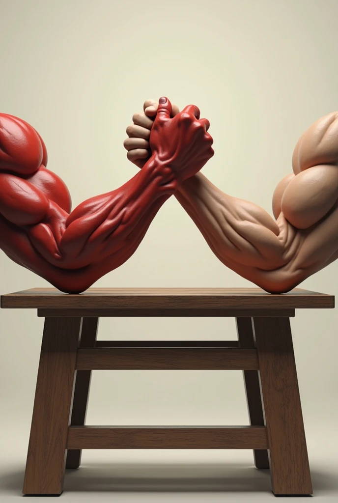 Two muscular arms wrestling on top of a table