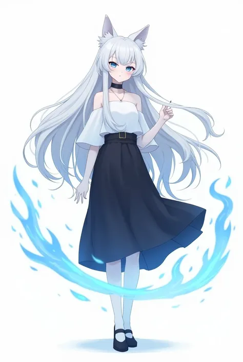 White long hair. Female. Blue eyes. Albino. 2d anime. Blue magic power. White tops.  Black skirt. Black shoe. White background.  Half picture. Cat ear