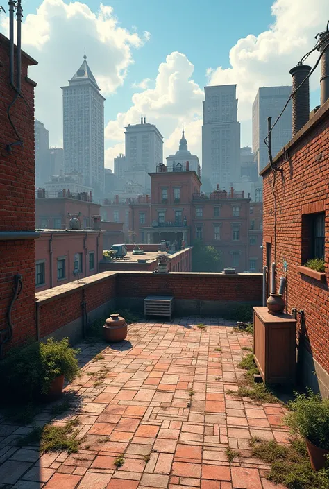 rooftop of bricks and buildings in background picture