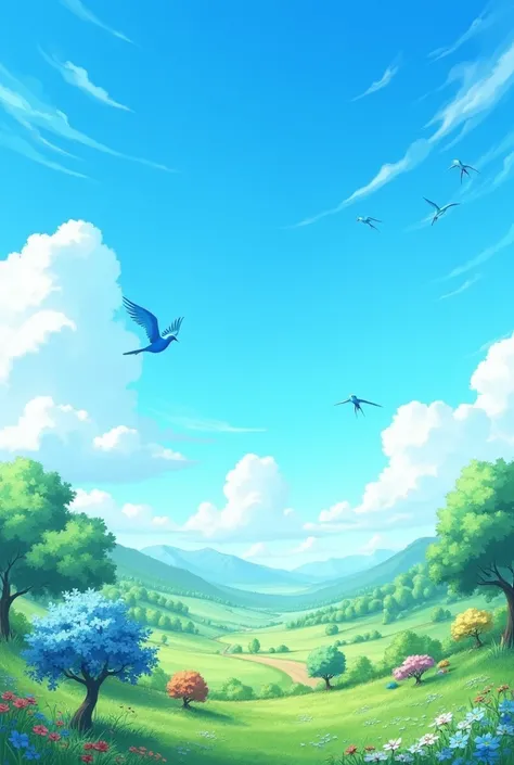 Blue Color Sky with lot of Clouds. And plenty of green trees.small  Flower trees with blue and red flowers. Blue birds fly in the sky
