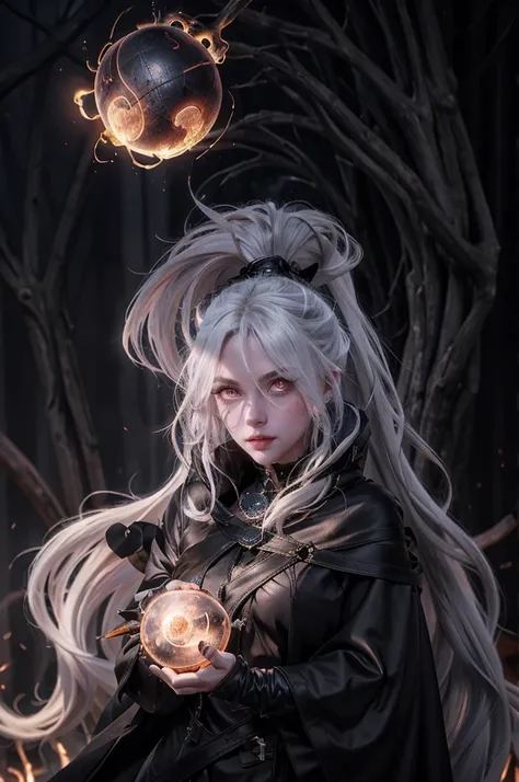 a beautiful witch with long white hair, glowing eyes, wearing black leather, conjuring a flaming sphere in her hand, looking dir...