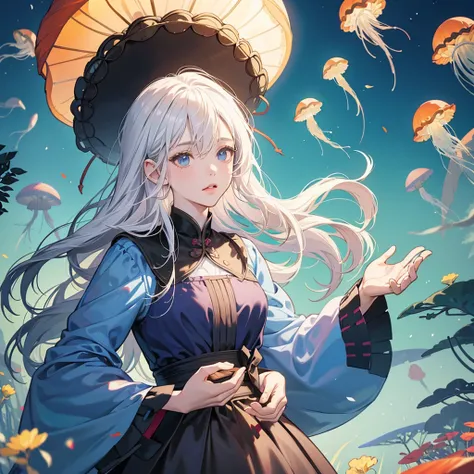 portrait of an anime beautiful woman playing with jellyfish, autumn festival, a highly detailed,   a 2D, flat, symmetrical composition. -, magic vault, lolita long dress, , decent, nature, jellyfish flying in the sky, white hair