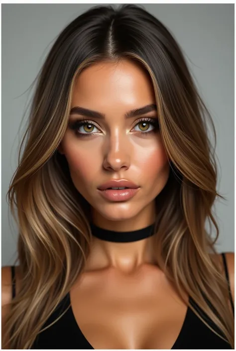 a very realistic and detailed photo of beautiful italian woman, tight black skirt, cleavage , perfect makeup, long sleek straight blonde with brown roots hair, high quality, photorealistic, elegant, confident, piercing brown eyes, full lips, olive skin, lo...