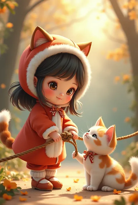 A 2-year baby beautiful oriental girl dressed as a Prussian cat and wearing beautiful flowered shoes and holding a rope in her hand holding a Prussian long hair beautiful cat with the rope