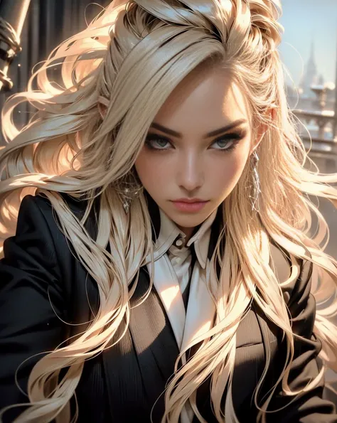 (high quality,realistic:1.2),portrait,golden hair,beautiful girl wearing a black jacket,detailed eyes,luscious lips,sensual gaze,luxurious texture,shimmering highlights,soft shadows,subtle smile,impeccable makeup,perfect skin tone,varied golden hues,mesmer...