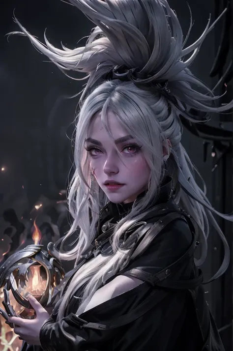 a beautiful woman with striking white hair and glowing eyes, wearing a black leather outfit, conjuring a flaming sphere in her h...