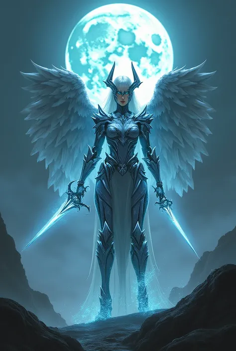 In the stark, ethereal light of an otherworldly moon, a shimmering valkyrie ethereal and menacing in equal measure, her armor reflecting the soft glow of the night sky. This concept art painting captures her in a dynamic pose, ready for battle. Each intric...