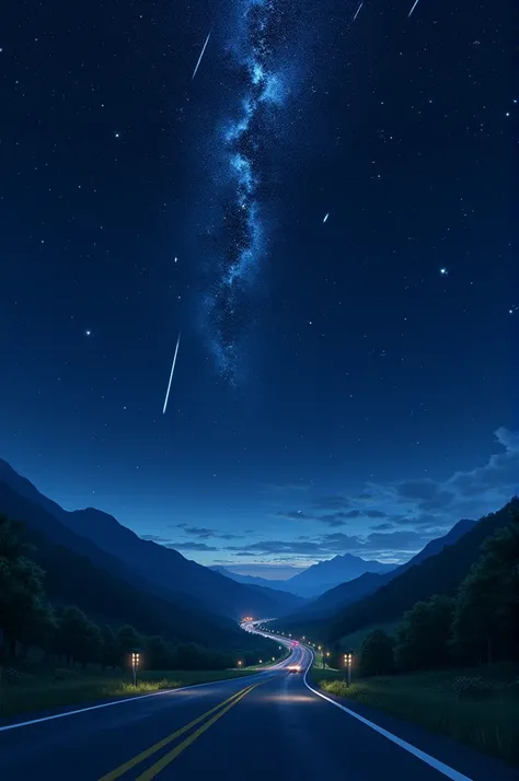 Create a highway with the shooting stars falling above it giving a cinematic shot,  create an anime style