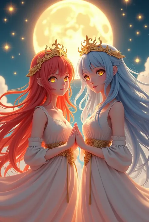 The sun and the moon are long-haired anime characters., , Wide angle view, crown, 3D rendering, shut your mouth, Camera angle from above, Look at the audience, 