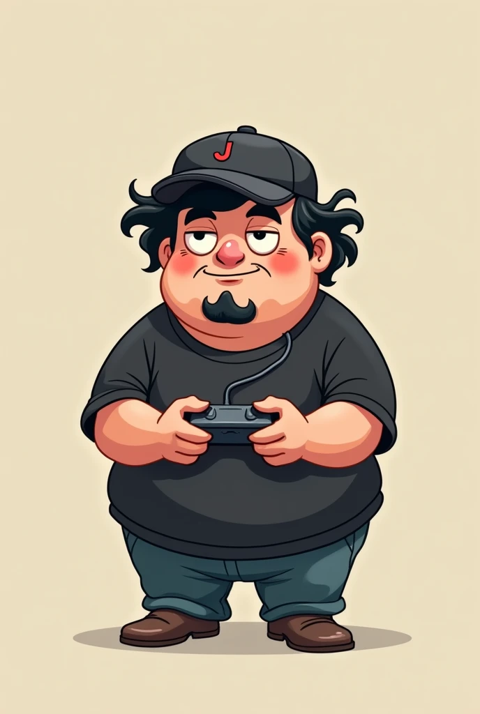 a fat man with long black hair, wearing a black plain t shirt,and a black cap with small goatee, holding a controller, chibi style