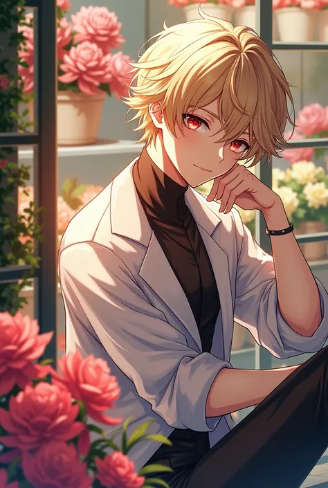 extremely delicate and beautiful, Amazing, finely detail, masterpiece, ultra-detailed, highres,best illustration, best shadow,intricate,sharp focus,  high quality, 1male, solo, blond hair. red eyes, kaveh genshin impact, flowershop front, flowers in pots, ...