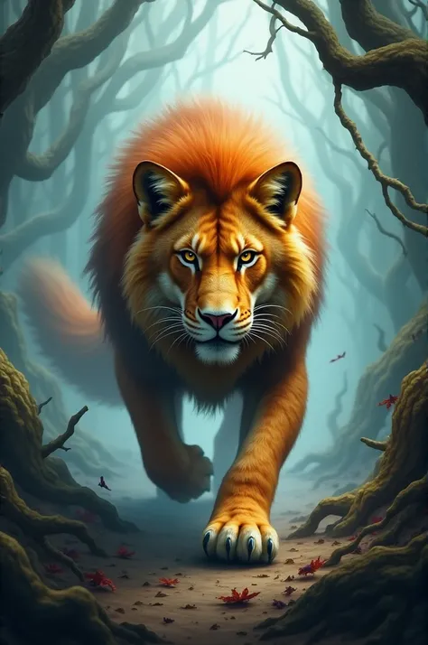 "A hybrid of a lion and a fox, with the lions powerful body and mane combined with the foxs sleek fur and bushy tail. Its fur is mottled, with a mix of golden lion and reddish fox colors. The creatures eyes are bright and menacing, and it has sharp, agile ...