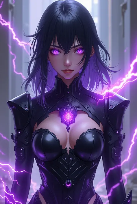 A woman with 19 violet eyes. Black hair with loose purple strands.. almost pale skin. Black and purple warrior costume. Has electrical powers. Y parece Acheron de Honkai Star Rail.