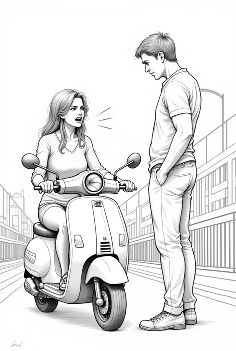 A man and a woman are on an overbridge. The woman is sitting on a scooter, and the man is standing next to her. The woman is yelling at him. Create a pencil illustration of this scene.