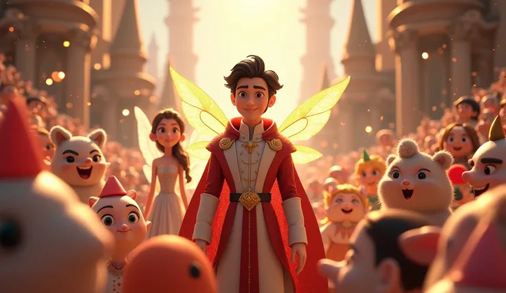 In 3D animation style:The prince and fairy surrounded by their people, who cheer in celebration