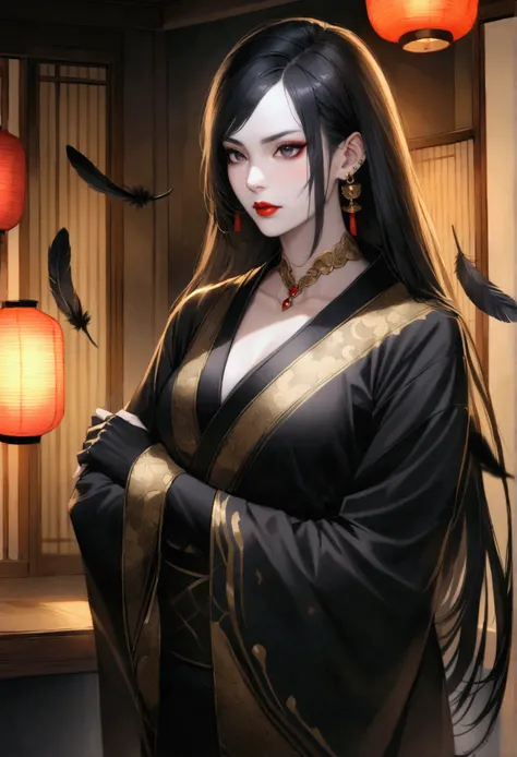 [High quality, detailed, realistic digital art], tall woman, yakuza leader, [opulent traditional Japanese room]:1.2, [jet black hair interwoven with glossy raven feathers]:1.3, [piercing black eyes with subtle red glow]:1.1, pale skin, high cheekbones, red...