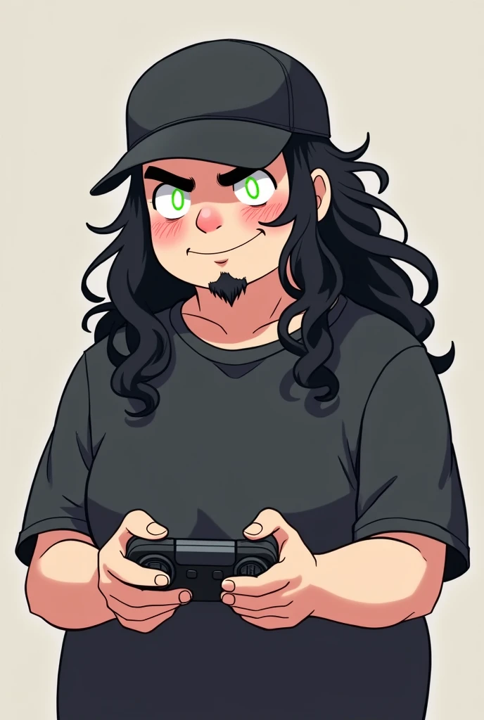 a fat man with long black hair, with glowing eyes, wearing a black plain t shirt,and a black cap with small goatee, holding a controller, chibi style