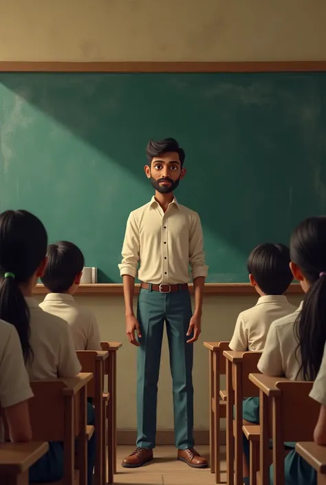 An slim indian young man teacher teaching on a black board with chawkin classroom looking towards girl boy student are sitting 
