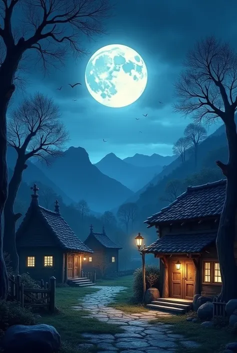 A quaint, moonlit village with traditional houses and a clear night sky. Trees and distant mountains are silhouetted against the moonlight.