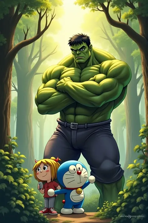 Depict Doraemon, a blue, round robotic cat, standing beside the Hulk, a massive green superhero, in a lush, dense forest. Doraemon is holding one of his futuristic gadgets, while Hulk stands confidently with his muscular arms crossed. The forest around the...