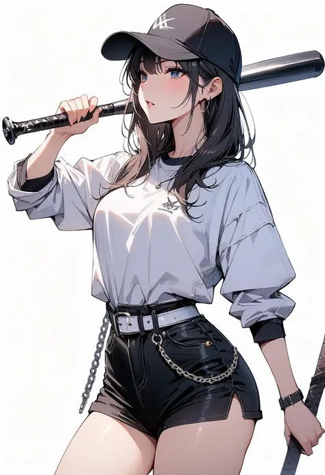 (masterpiece, Best Quality:1.2), 1 girl, Alone、Black cap、White long sleeve shirt、Black shorts、Chain from waist、Metal baseball bat in hand、Cap with white logo