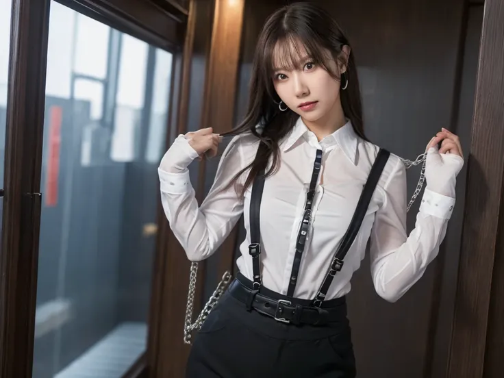 a woman in a suit, belt, hands behind back, sweating, suspenders, black pants, large breasts, see-through clothing, rain, detective, office worker, white button-up shirt, (best quality,4K,8k,highres,masterpiece:1.2),ultra-detailed,(realistic,photorealistic...