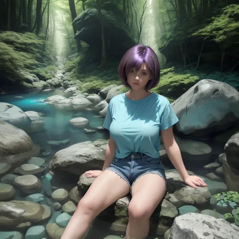 A beautiful young woman with short purple-brown bob hair, wearing a thin light blue T-shirt, blue shorts, beautiful chubby legs, spread legs sitting on a rock in the stream, facing the screen, there are rocks, and behind her is a forest full of mysterious ...