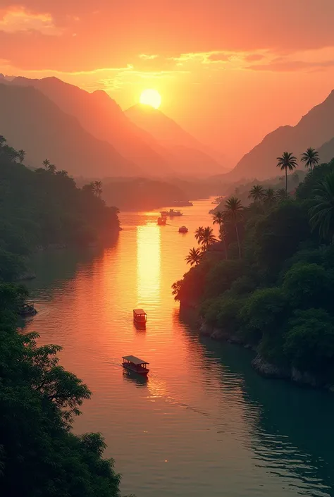 Draw a picture of the Red River in Vietnam at sunset that exudes natural beauty. 