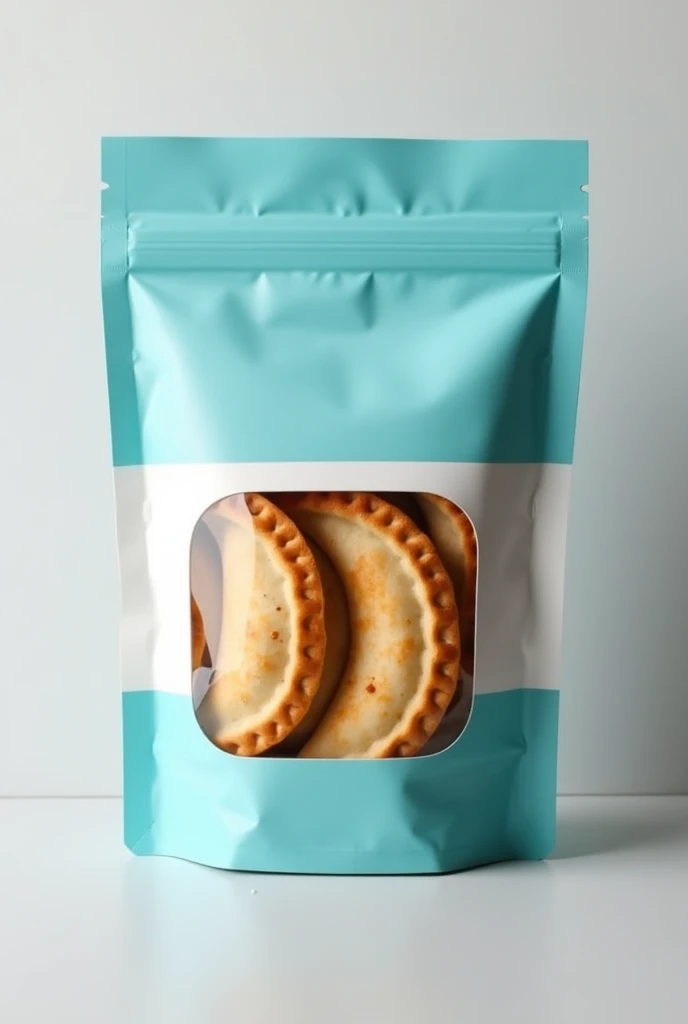 Empanada takeaway bags with window in light blue and white 